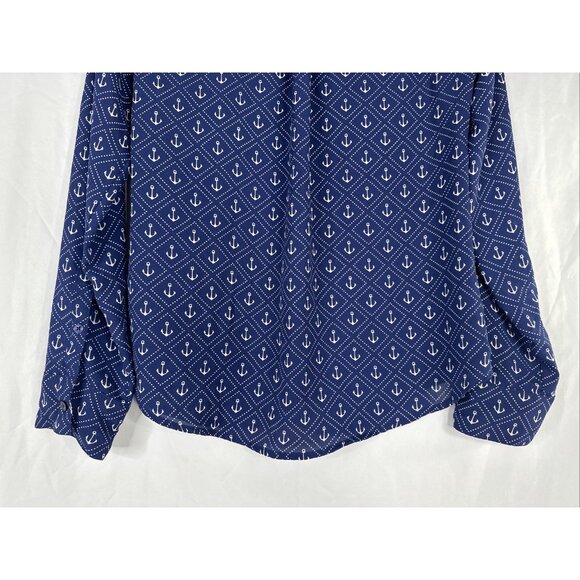 Express Portofino Shirt Womens Size XS Navy Blue Anchor Long Sleeve Roll Tab - Picture 9 of 14